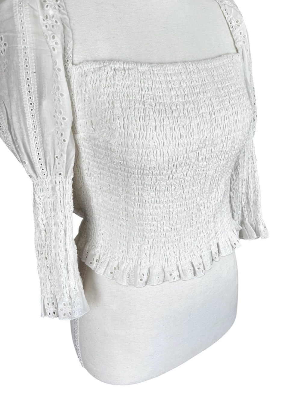 Smocked Square-Neck Eyelet Puff Sleeve Blouse — White - Picture 2 of 11